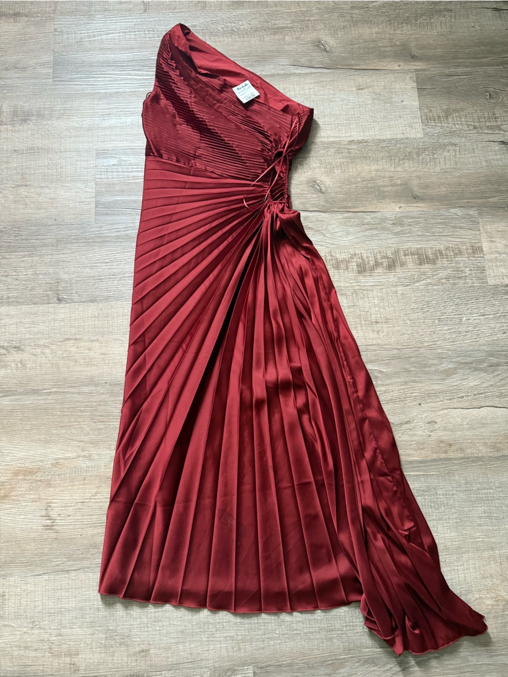Moon River Deep Red One-Shoulder Pleated Midi Dress